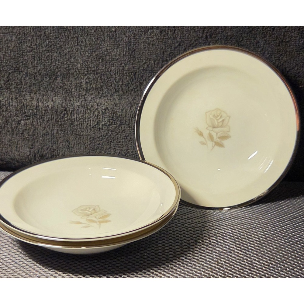 3 Sango Serenity 3486 Gray Rose Fine China - Berry Bowls - Platinum Trim 5 1/2"